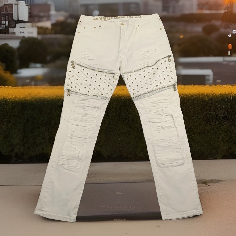 Vintage Americana Mens White Moto Biker Jean 38x33 Studded Distressed Streetwear